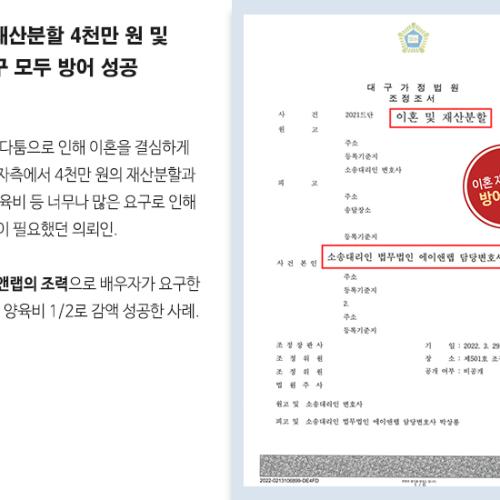재산분할 및 양육비 청구소송 당한 의뢰인 변호하여 전부 방어 성공